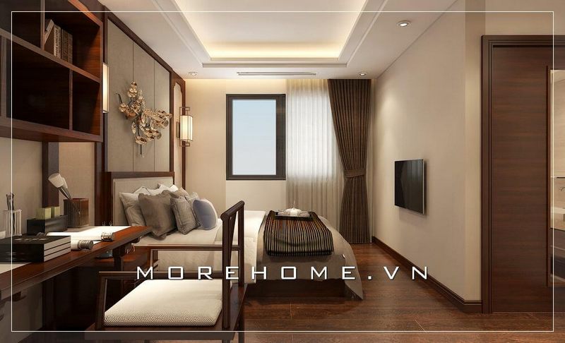 Thiết kế nội thất giường ngủ hiện đại, gam màu nhã nhặn, tinh tế được gia chủ lựa chọn mang đến cho gia chủ cảm giác thoải mái và nhẹ nhàng hơn